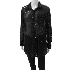 SPRWMN Women Tunic Button Up Black Collared Long Sleeve Polyester Size S